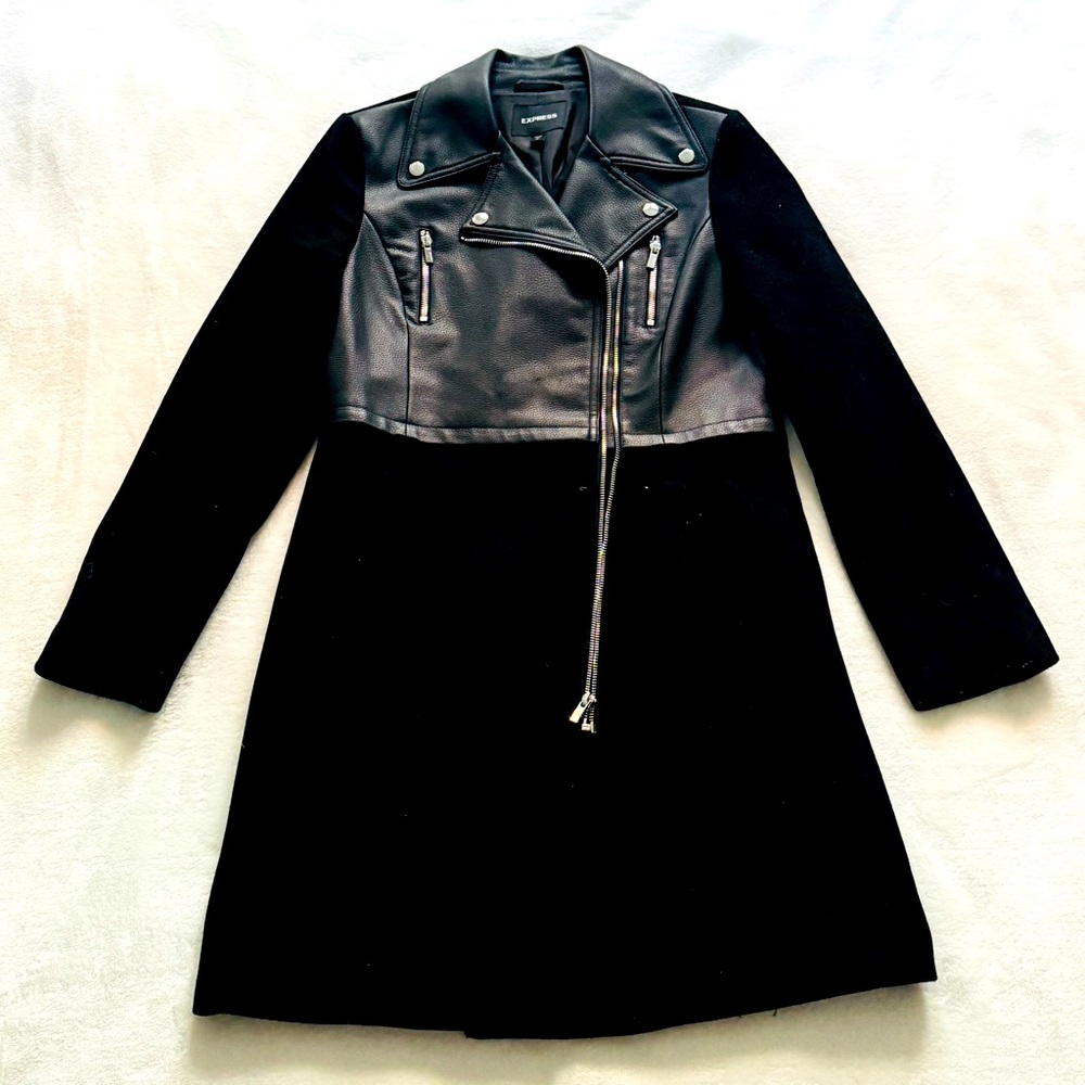 Express Womens Faux Leather & Wool Blend Long Moto Coat Size Small Black